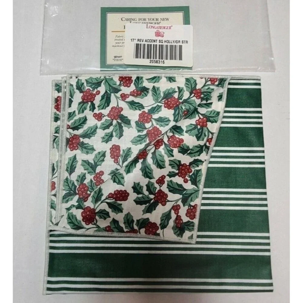 New Longaberger Holly/Green Stripe Accent Reversible Square Liner Square 17